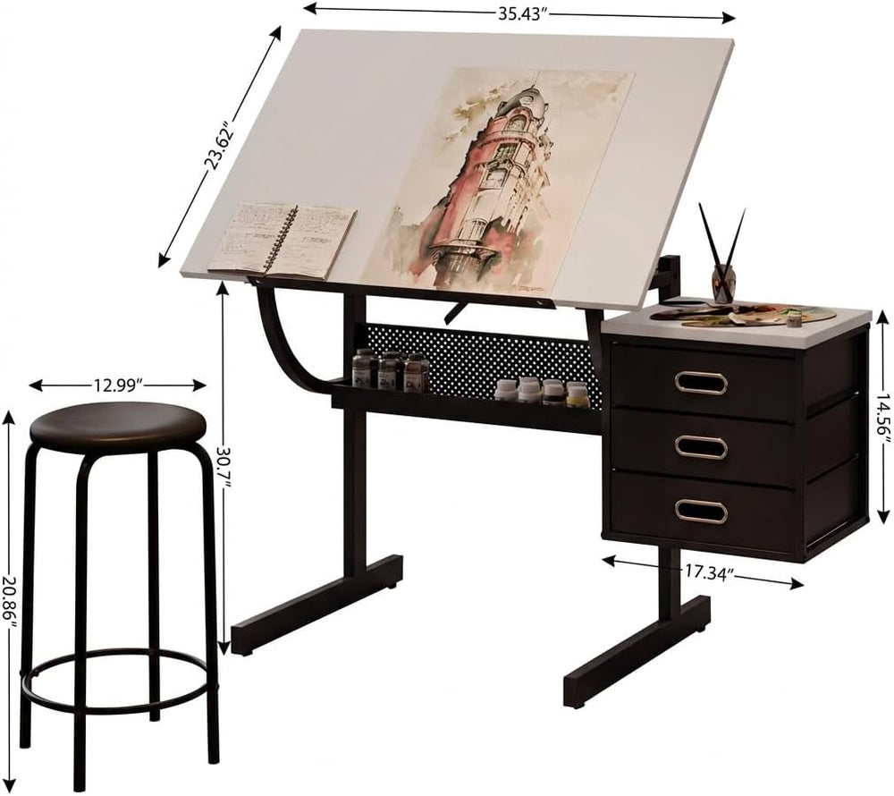 Drafting Table with Storage, Adjustable Art Desk & Art Table with Stool, ...