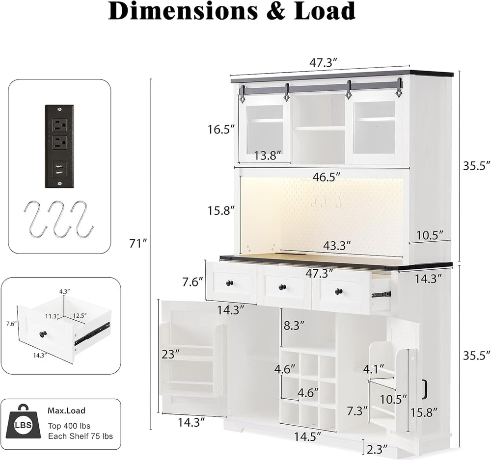 71" Farmhosue Pantry Cabinet with Charging Station, Tall Kitchen Pantry ...