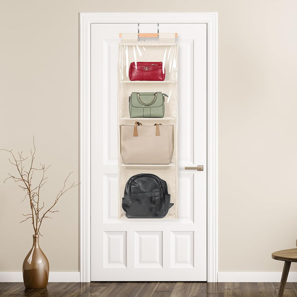 Syeeiex Over the Door Purse Organizer with Zippers, 4 Mesh Shelves, Beige | PVC Hanging Closet Bag Organizer, Dustproof Handbag Tote Storage Bag for Door, Wardrobe and Shelf Rack