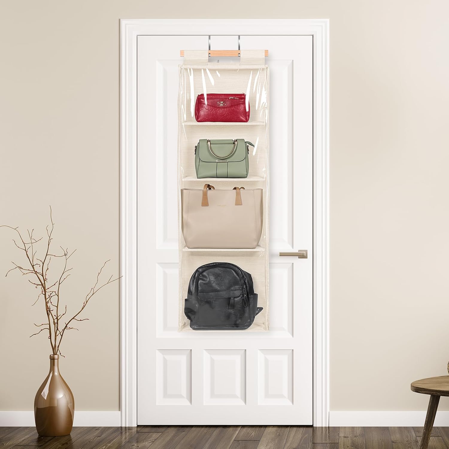Syeeiex Over the Door Purse Organizer with Zippers, 4 Mesh Shelves, Beige | PVC Hanging Closet Bag Organizer, Dustproof Handbag Tote Storage Bag for Door, Wardrobe and Shelf Rack