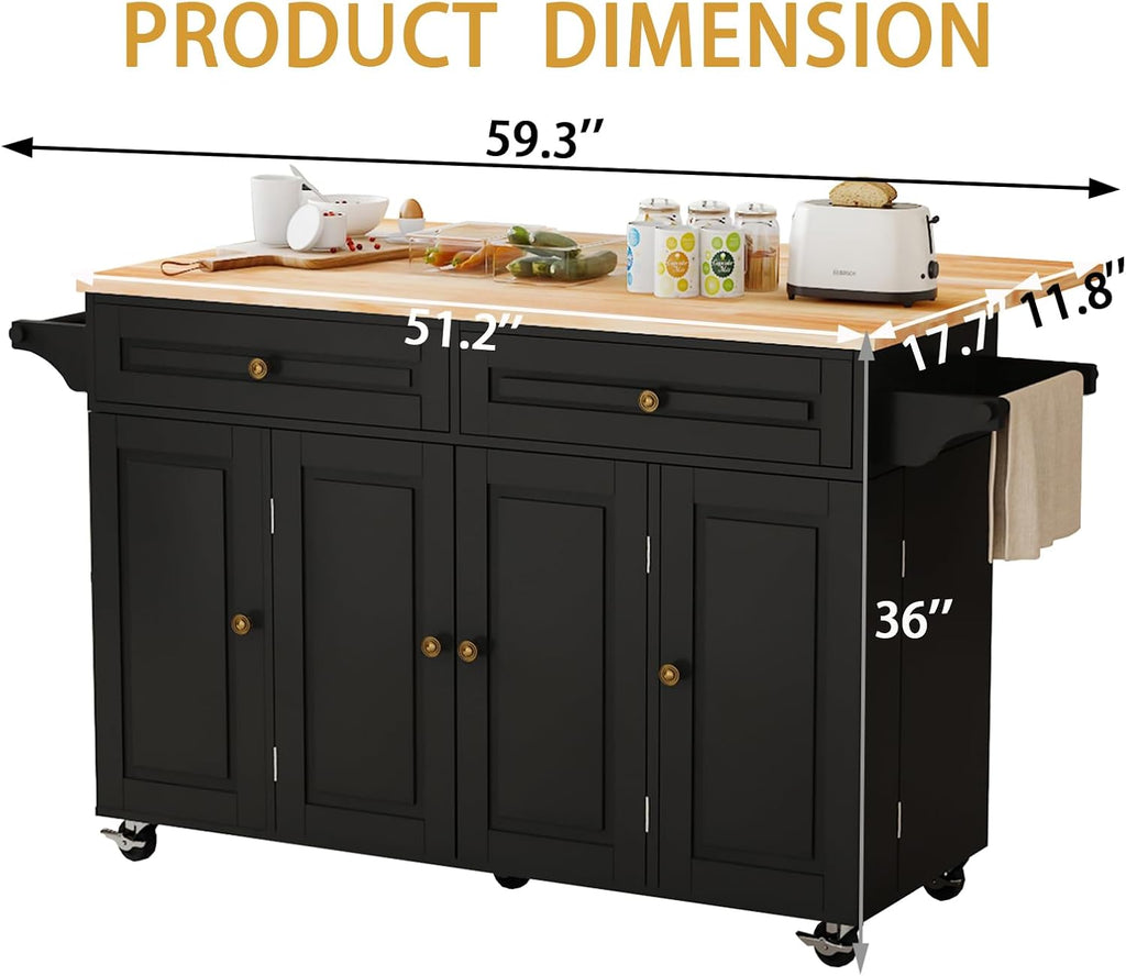 59’’ Rolling Kitchen Island Cart with Drop Leaf and Power Outlet, Movable Kitchen Islands with 3-Tier Door Storage Shelf, Island Table on Wheels, 2 Large Drawers, Towel Racks, Black