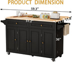 59’’ Rolling Kitchen Island Cart with Drop Leaf and Power Outlet, Movable Kitchen Islands with 3-Tier Door Storage Shelf, Island Table on Wheels, 2 Large Drawers, Towel Racks, Black