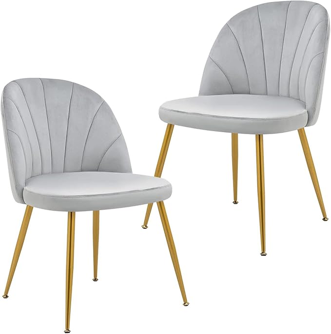 Velvet Dining Chairs Set of 6, Upholstered Mid Century Modern Dining Chairs, Armless Accent Chair with Metal Gold Legs for Living Room, Kitchen, Dining Room, Grey