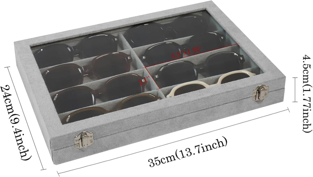 Wudygirl Jewelry organizer Sunglass Organizer 8 Slot Velvet Jewelry Tray Sunglasses Case with Lid Multi Eyeglass Case for Women Men（8 Grid