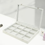 Coward Jewelry Organizer Tray Box, Grey Beige Velvet 12 Grids Bracelet Bangle Necklace Jewelry Display Tray Case with Transparent Glass Lid for Home Desk Drawer or Store Selling Show