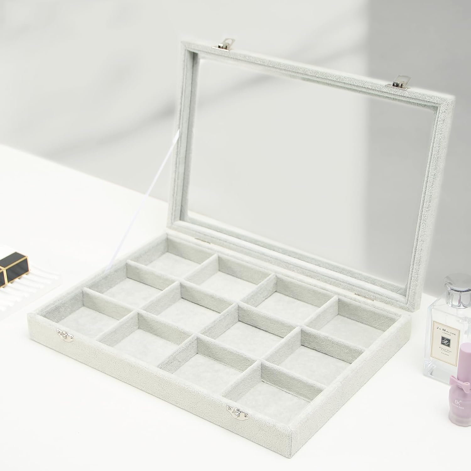 Coward Jewelry Organizer Tray Box, Grey Beige Velvet 12 Grids Bracelet Bangle Necklace Jewelry Display Tray Case with Transparent Glass Lid for Home Desk Drawer or Store Selling Show