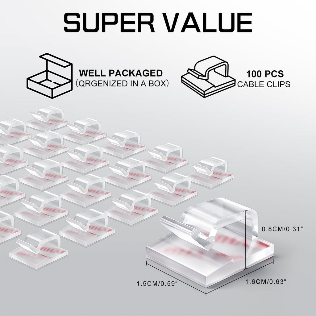 100PCS Cable Clips, Adhesive Wire Clips Strong Cord Clips Wire Holders, Cable Management Clips for Desk, Wall, Car, TV, Ethernet Cable (Clear, Small)