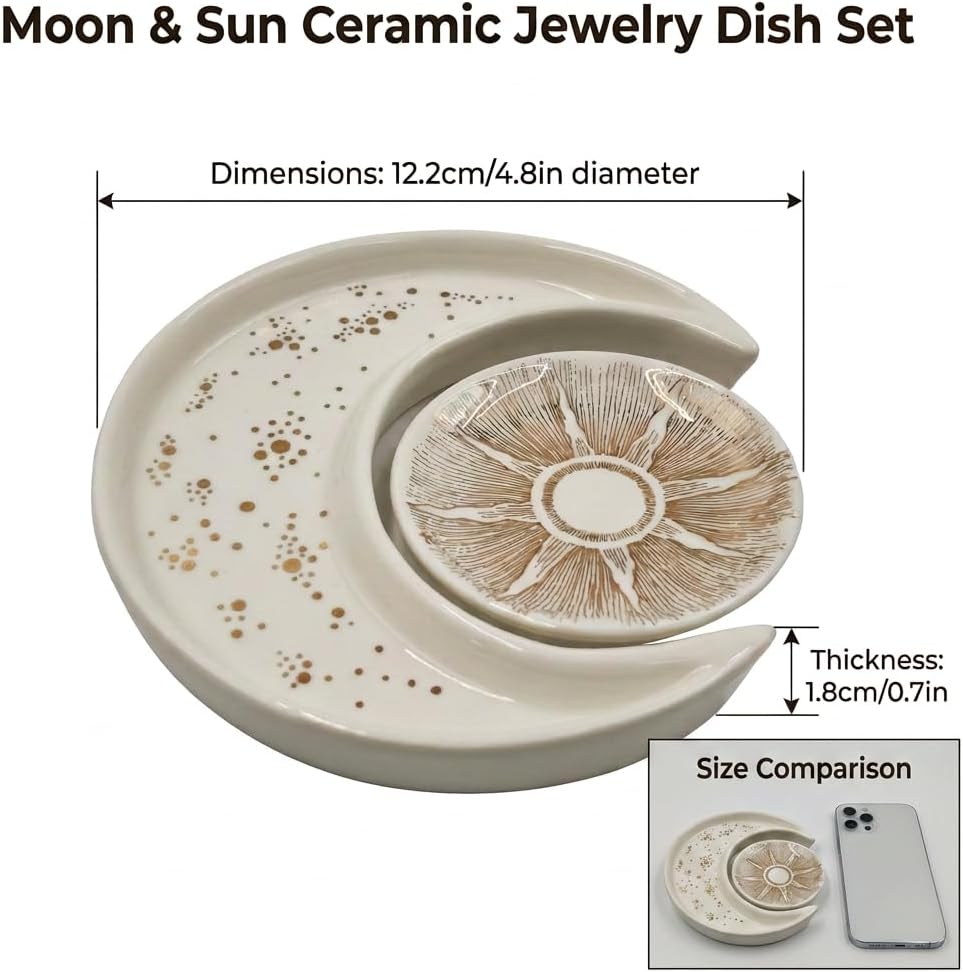 Ceramic Jewelry Dish Tray 2-Pack,Earrings Ring Holder,Small Trinket Plate | Bohemian Sun and Moon Key bowl,Unique Elegant Decor for Home,Engagement Birthday Gift,Gift for Mom Women Bride Friends