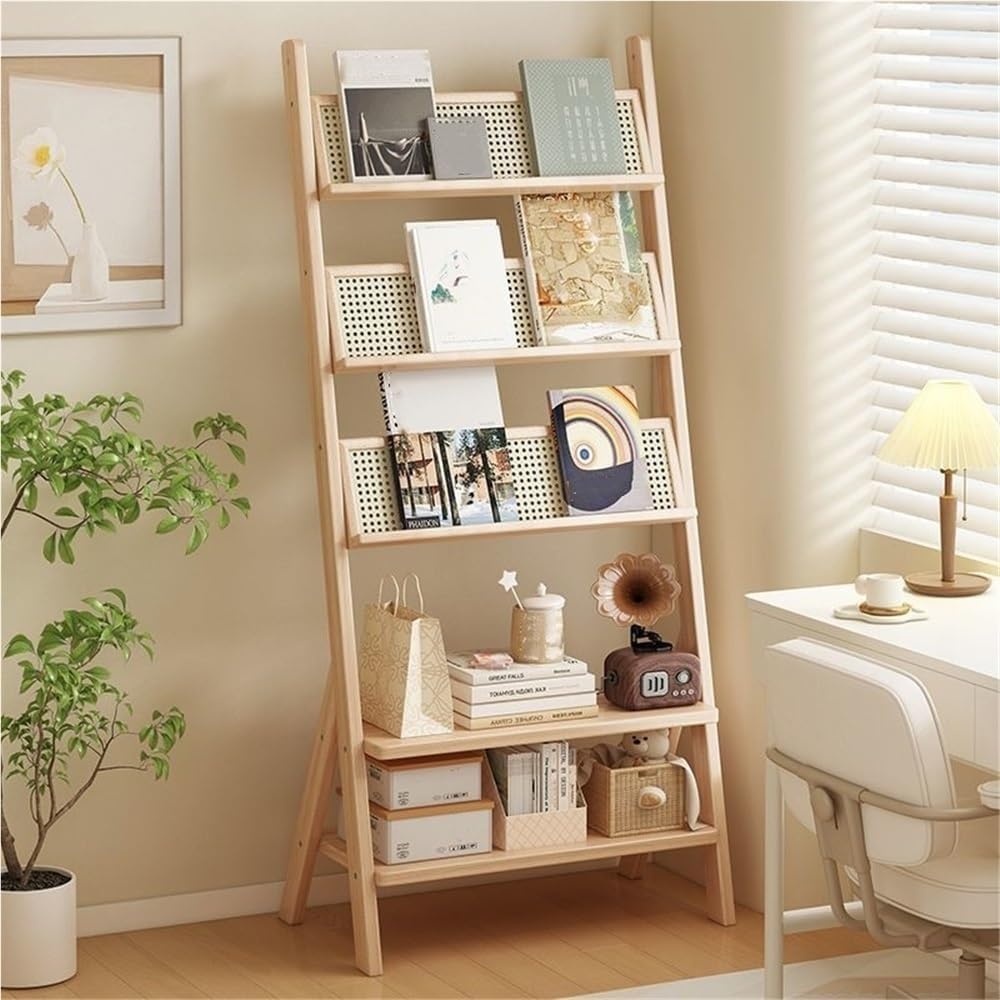 5-Tier Wooden Ladder Shelf with Rattan-Like Design, Large Capacity Open Bookshelf, Floor Magazine Display Stand for Living Room, Office, Library(Color:Natural)