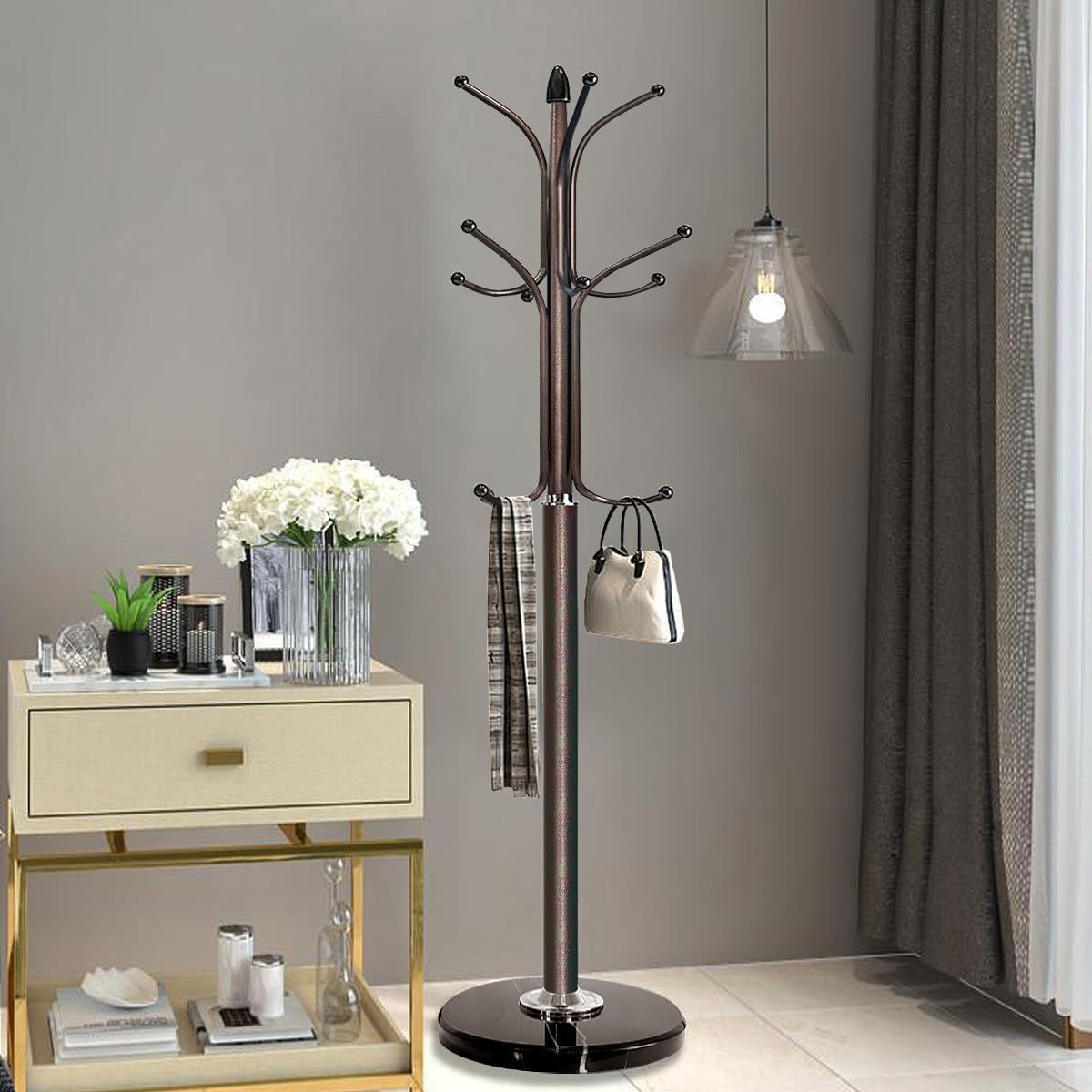 Kertnic Metal Coat Rack Stand with Natural Marble Base, Free Standing Hall Tree with 12 Hooks for Hanging Scarf, Bag, Jacket, Home Entry-way Hat Hanger Organizer (Bronze)