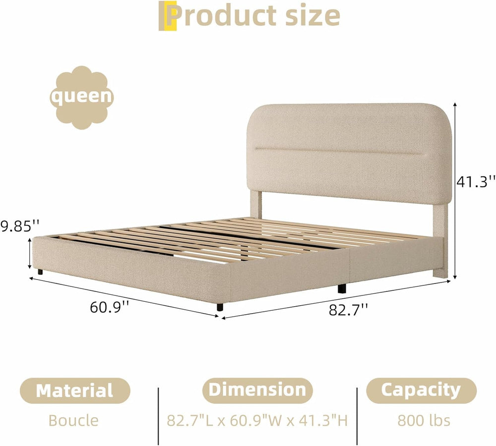 HOMBCK Queen Size Cloud Bed Frame, Beige Plush Boucle Upholstered Bed