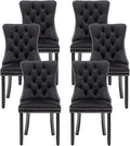 Kiztir Velvet Dining Chairs Set of 6, Upholstered Dining Room Chairs with Ring Pull Trim and Button Back, Luxury Tufted Dining Chairs for Living Room, Bedroom, Kitchen (Black)