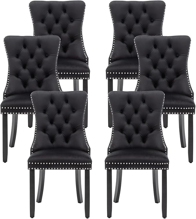 Kiztir Velvet Dining Chairs Set of 6, Upholstered Dining Room Chairs with Ring Pull Trim and Button Back, Luxury Tufted Dining Chairs for Living Room, Bedroom, Kitchen (Black)