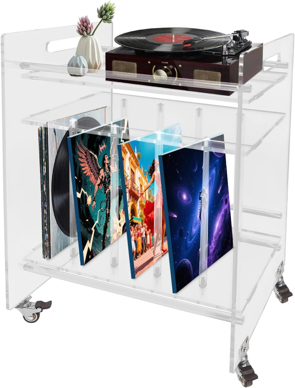 Acrylic Record Player Stand, 3 Tier Clear Record Player Stand with Wheels, Re...