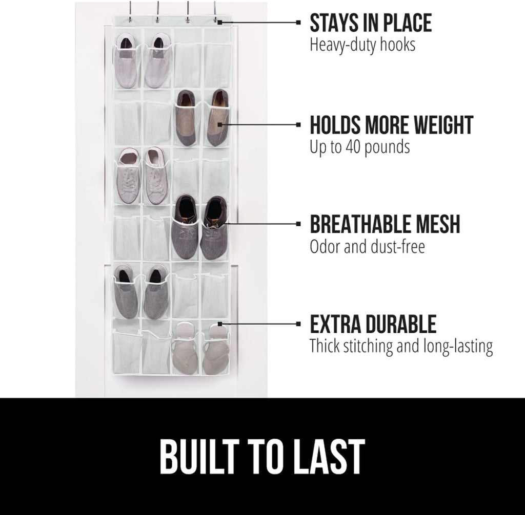 GORILLA GRIP Over the Door Shoe Organizer, 2 Pack, 24 Breathable Mesh Pockets, Space Saving Hanging Storage Holder, Closet Rack Hanger Holds Up to 40 lbs, Hangs on Closets, Shoes, Accessories, White