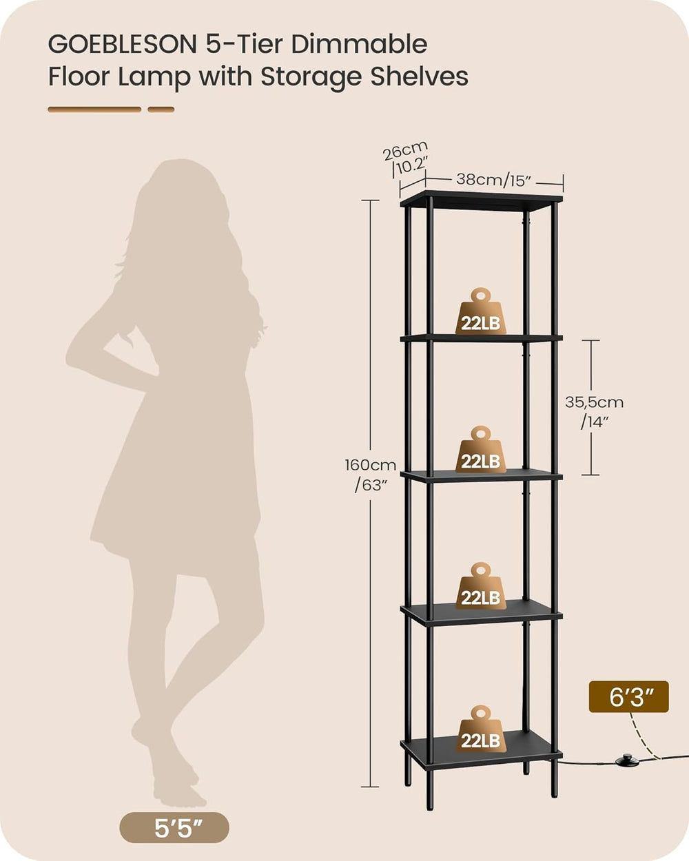 Display Shelf with Light, 5-Tier Shelf Lamp, Corner Floor Lamp with Shelves, ...