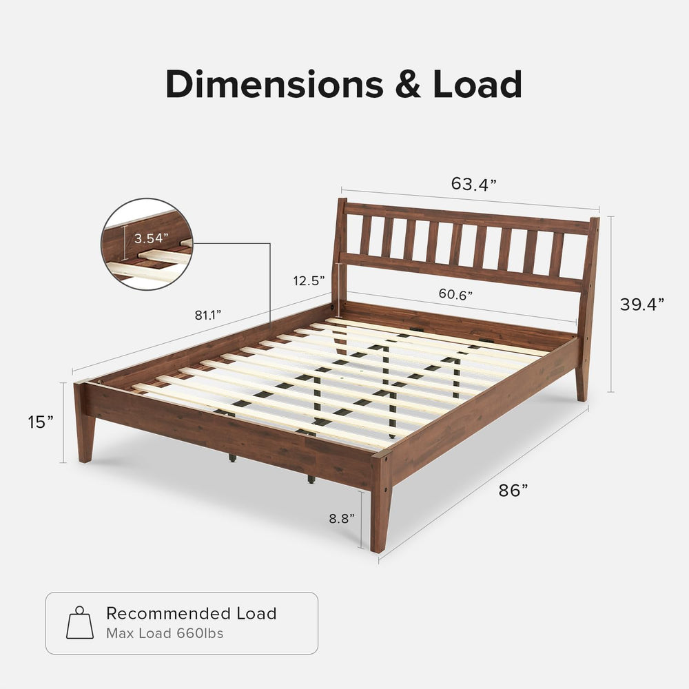mopio Ted Bed Frame with Headboard, Mid Century Modern Acacia Solid Wood Plat...