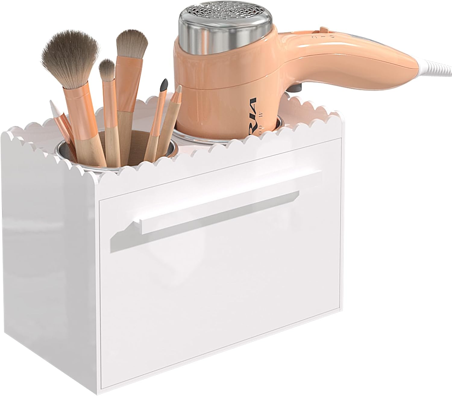 Hair Tool Organizer, Wall Mount Acrylic Hair Dryer Holder with 2 Cups Box Organizer, Scalloped Hair Styling Tools Organizer for Curling Iron Straightener Bathroom Storage(2 Cups Scalloped Box Set)