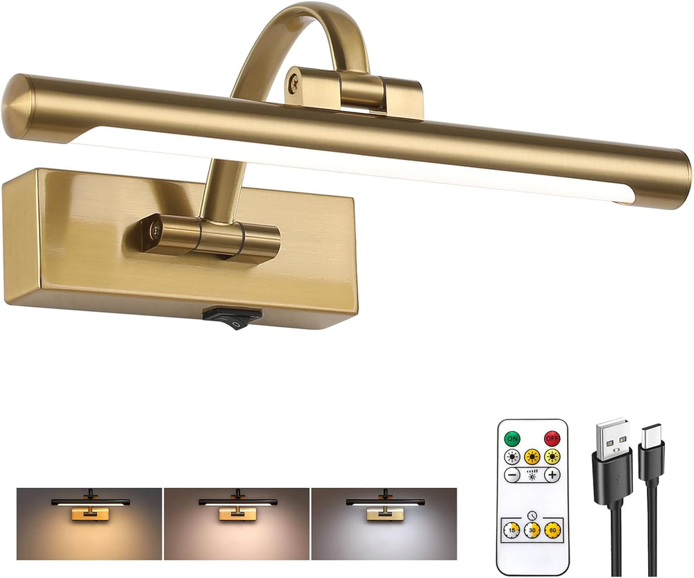 Tassuowell Rechargeable Picture Light with Remote Control,12 Inch Brass Finis...