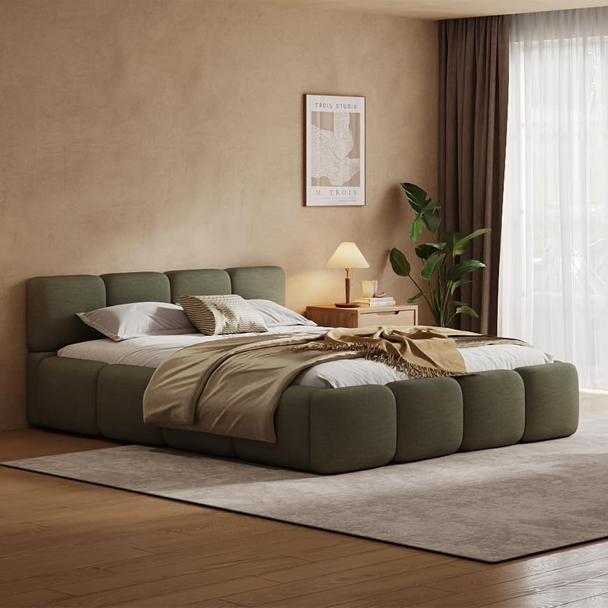 Merax Queen Linen Blend Platform Bed, Thick Headboard and Footboard, Green
