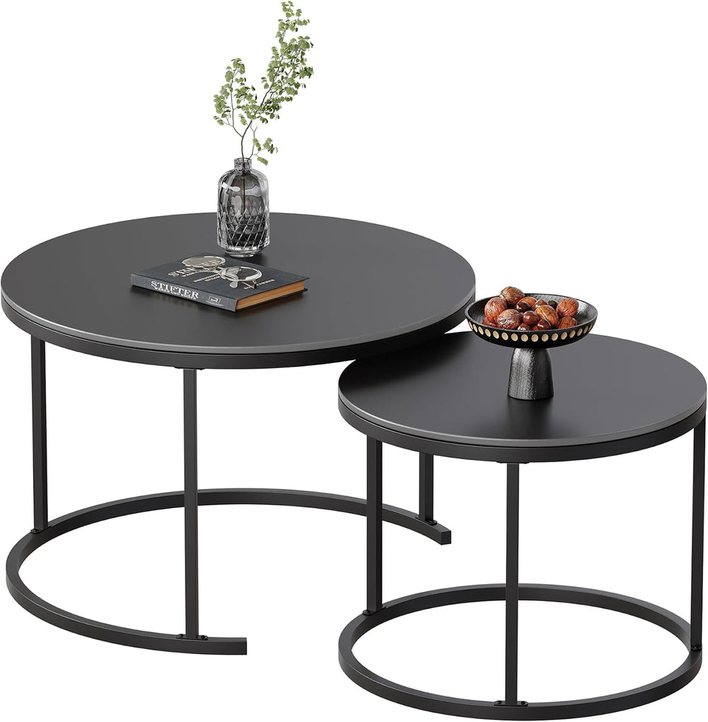 Round Nesting Coffee Table, Black Modern Decorative Coffee Center Table Set o...