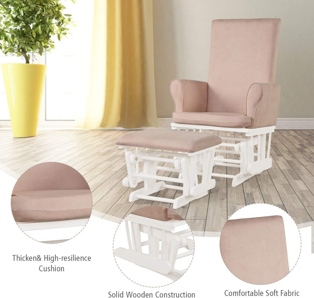 Costzon Baby Glider and Ottoman Cushion Set, Wood Baby Rocker Nursery Furniture for Napping, Nursing, Reading, Upholstered Hoop Glider & Ottoman Comfort Nursery Chair w/Padded Armrests (Pink)