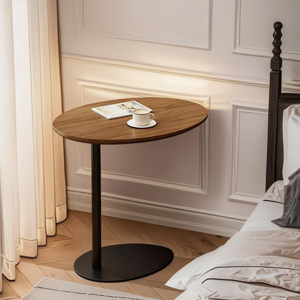 C Shaped End Table, Sofa Side Table with Metal Base, Solid Wood Side Table Su...