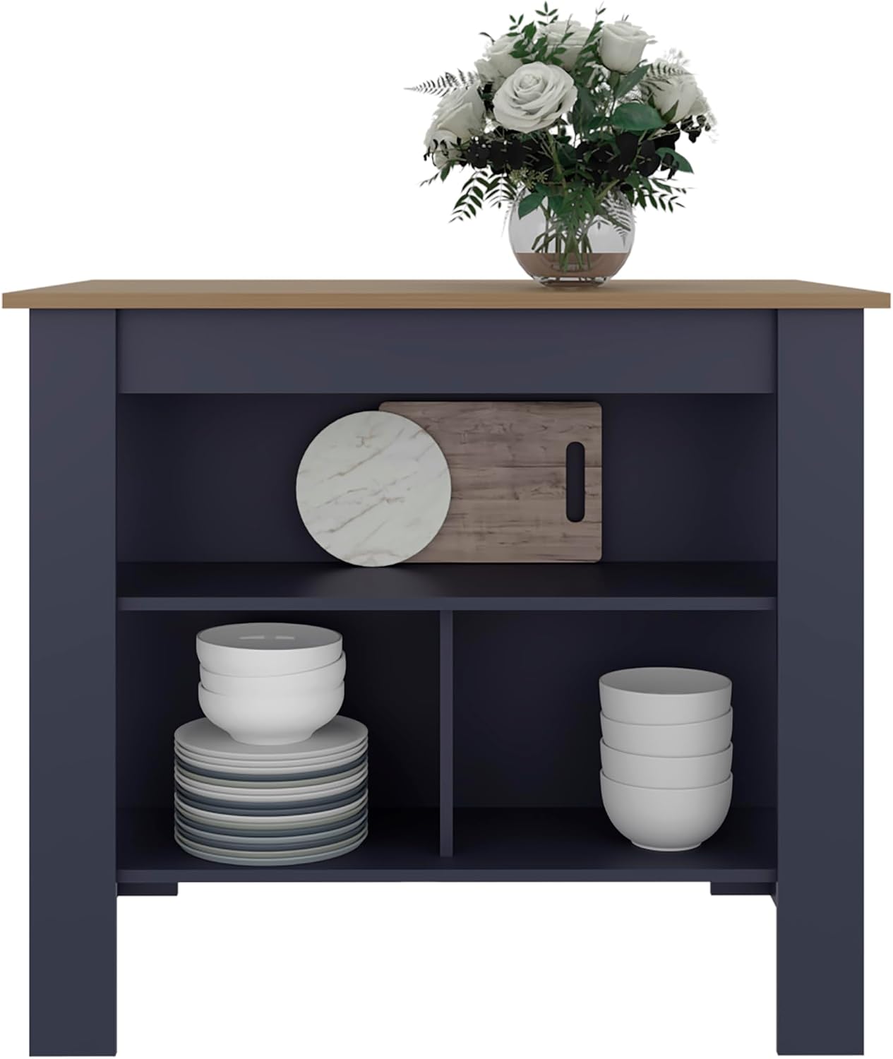Cala Kitchen Island with Three Open Shelves, Particle Board Meal Prep Organizer with Wide Top Surface, Navy Blue