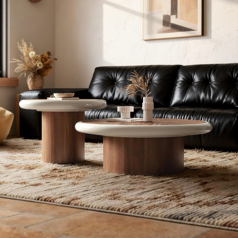 End Tables 2-Piece Round Coffee Table Set Wood Modern Living Room Tables Coor...