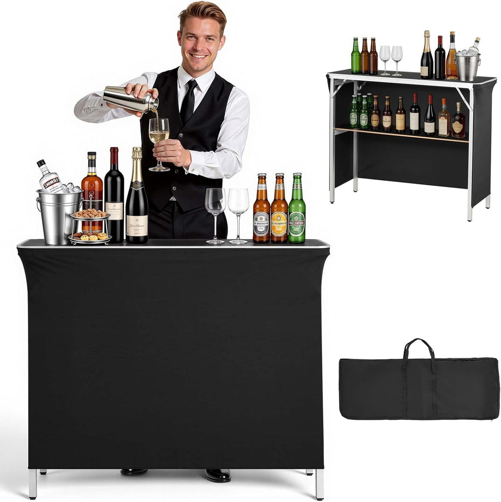 VEVOR Folding Portable Bar Table, 43.3 x 15.4 x 34.6 in, with Carry Bag, Storage Shelf, and Detachable Skirt, Quick and Easy Setup, Foldable Mobile Bartending Station for Events, Party, Tradeshow