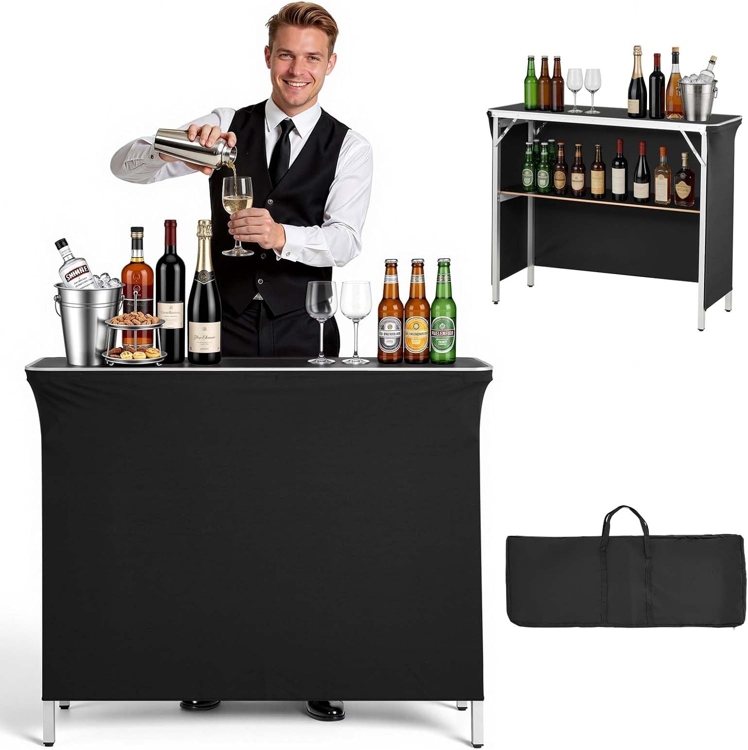 VEVOR Folding Portable Bar Table, 43.3 x 15.4 x 34.6 in, with Carry Bag, Storage Shelf, and Detachable Skirt, Quick and Easy Setup, Foldable Mobile Bartending Station for Events, Party, Tradeshow