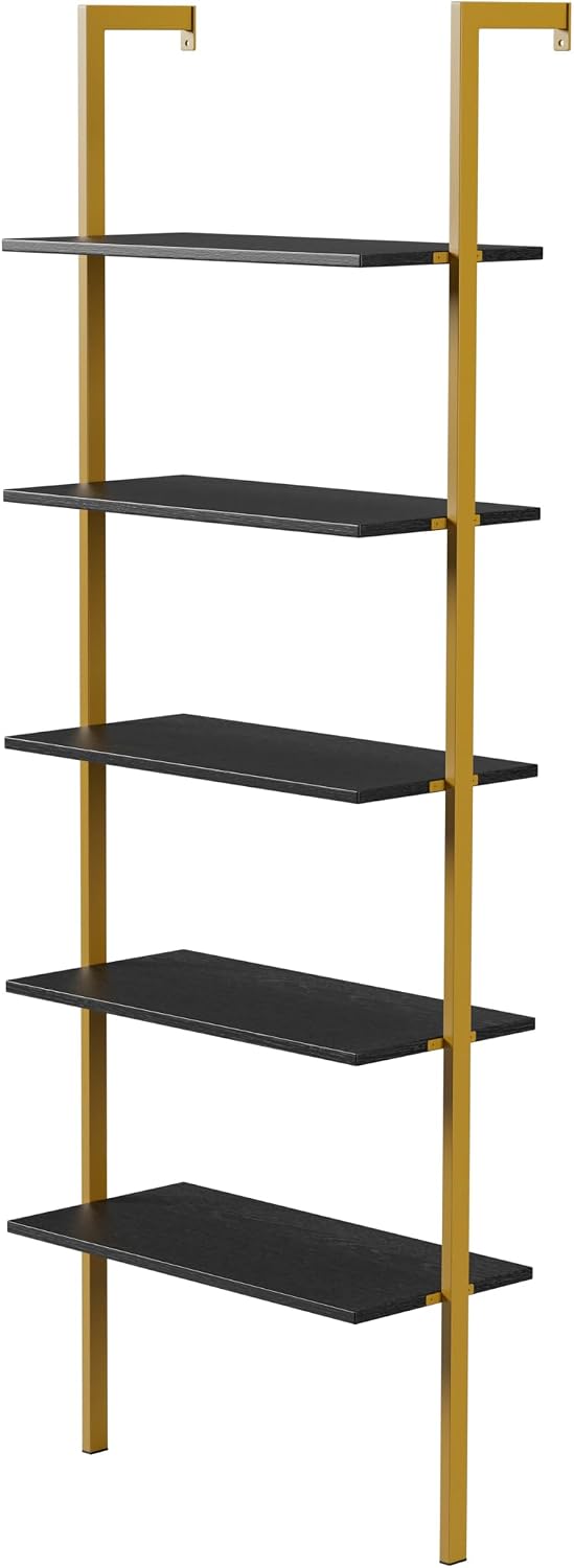 5-Tier Ladder Shelf Wall Mount, Wall Bookcase with 5 Open Shelves for Living Room Bedroom, Narrow Ladder Shelf for Small Spaces, Sturdy Metal Frame Bookshelf for Home Office and Collectors