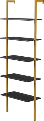 5-Tier Ladder Shelf Wall Mount, Wall Bookcase with 5 Open Shelves for Living Room Bedroom, Narrow Ladder Shelf for Small Spaces, Sturdy Metal Frame Bookshelf for Home Office and Collectors