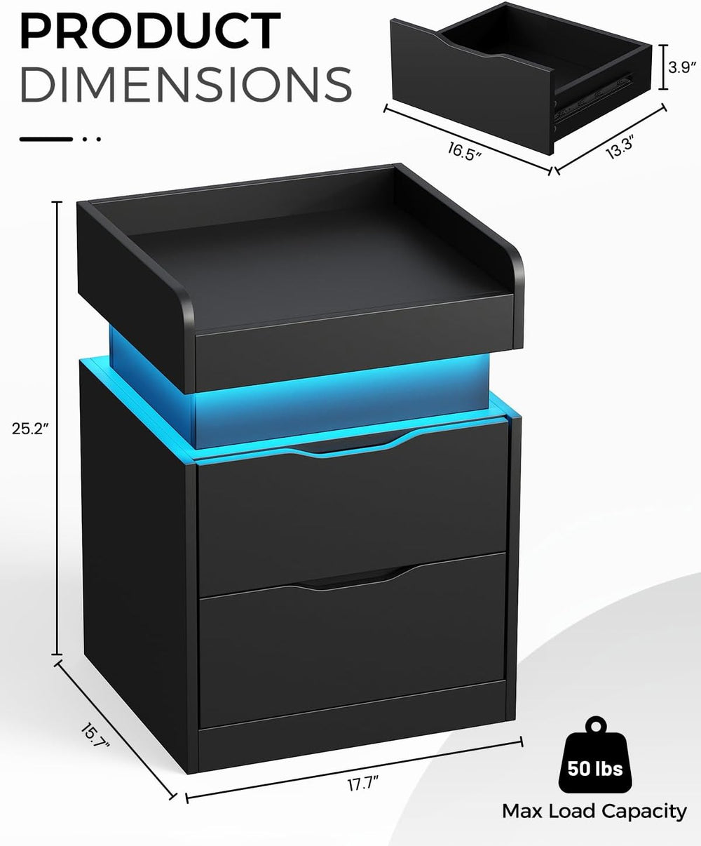 Modern Nightstand with Sliding Top, Night Stand with Charging Station and LED...