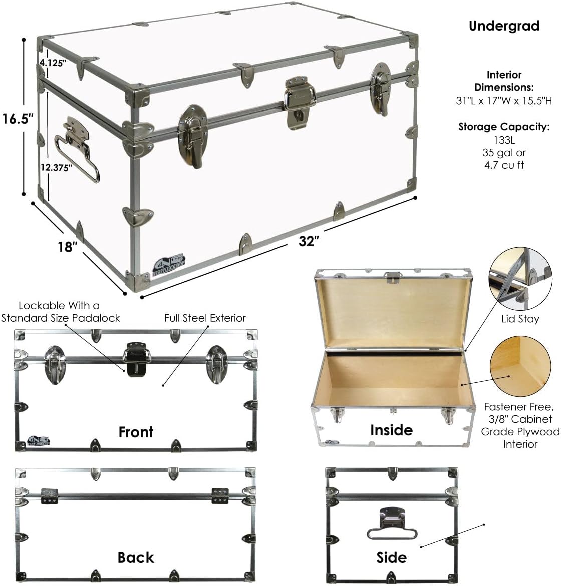 C&N Footlockers - Large Undergrad Storage Trunk w/Wheels - Made in the USA - Only STEEL Footlocker on Amazon - Durable Chest with Lid Stay - 32 x 18 x 16.5 Inches (Black)