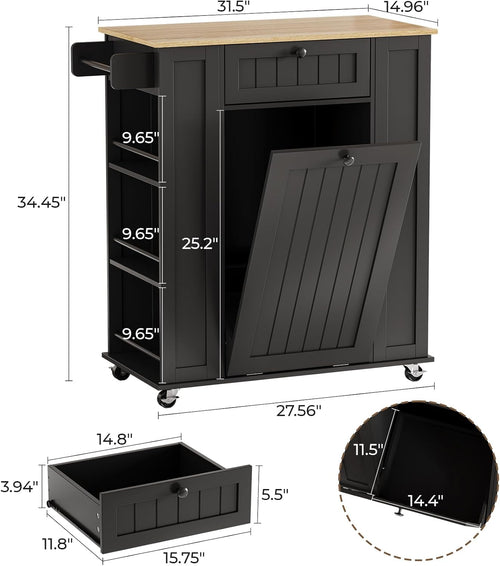 35" Kitchen Island with Trash Cabinet, Portable Rolling Cart with Power Outlet, Storage Drawer, 6-Tier Spice Rack, 4 Locking Casters for Kitchen Dining Living Room, Black