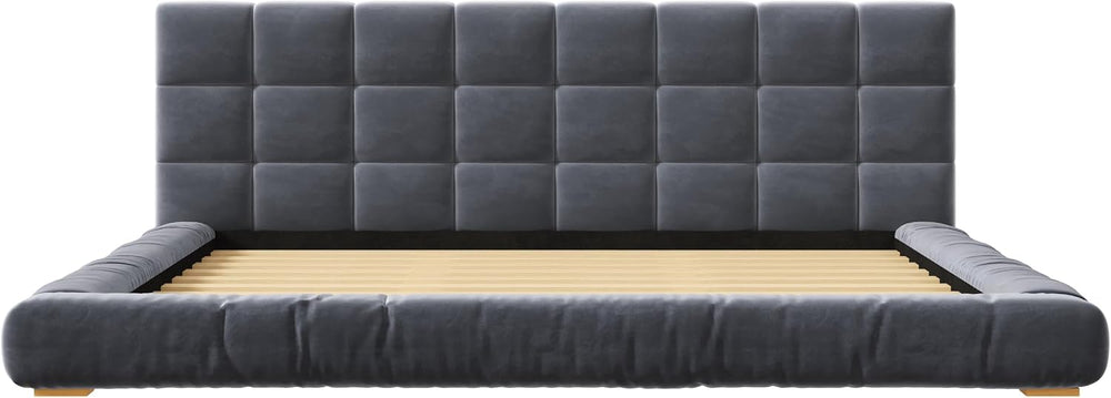 King Size Velvet Upholstered Low Profile Platform Bed with Channel Tufted Hea...