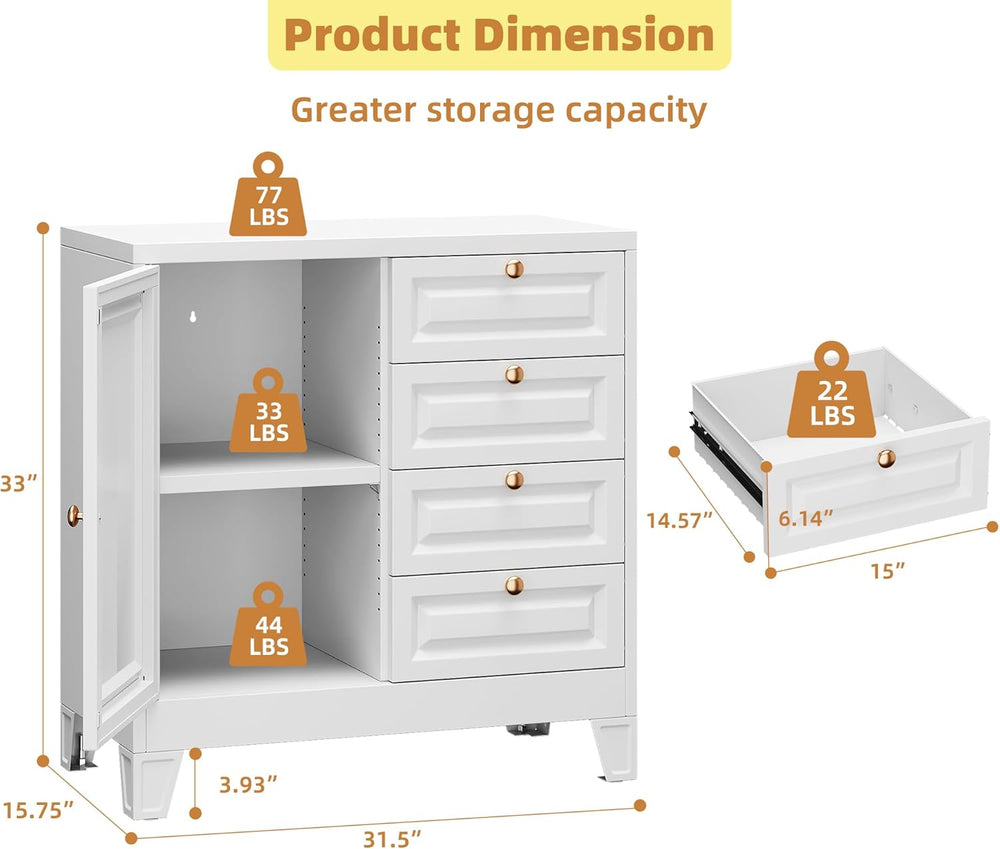 Bathroom Storage Cabinet with 4 Drawers,Metal Bathroom Floor Cabinet with Doo...