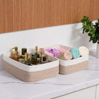Large Shallow Organizing Baskets 15x11x5.1 Inches - Rope Woven Storage Bins for Bathroom, Shelves, Cube Closet, White Mixed Brown 4 Packs