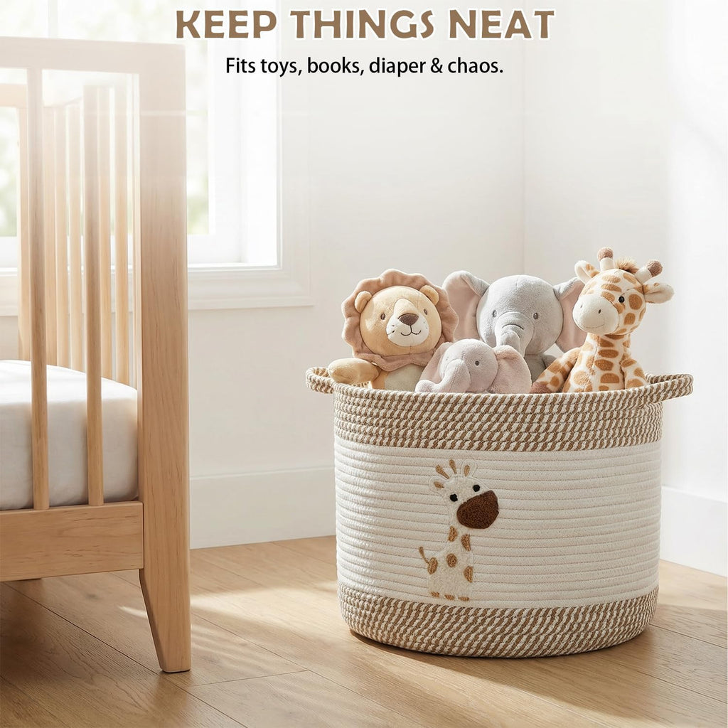 Baby Laundry Basket for Nursery, Large 15”x12” Giraffe Storage Baskets | Cotton Rope Kids Hamper Soft Foldable Bin with Cute Embroidered Animal Designs for Home Toys Organize