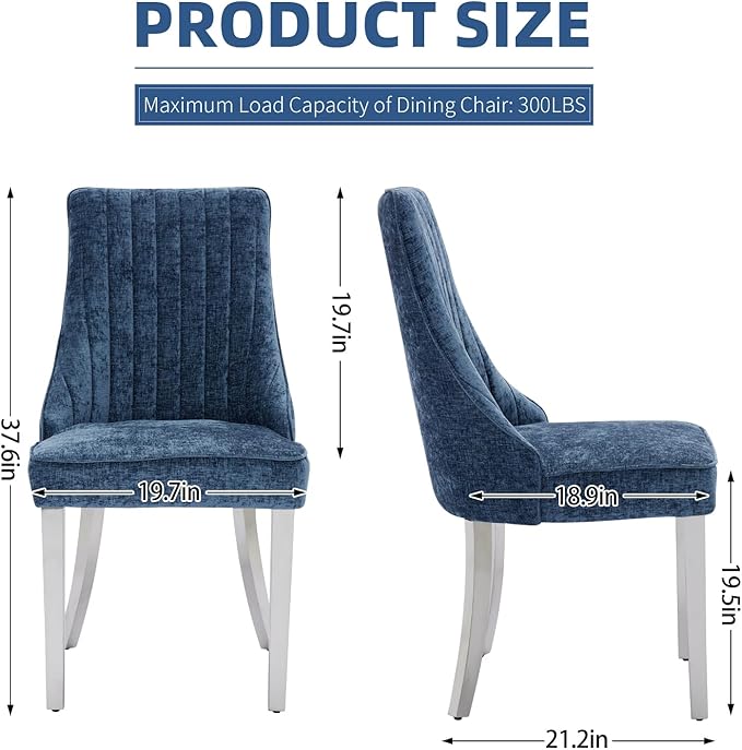 Dining Chairs Set of 8，Modern Channel Tufted Upholstered Dining Chairs with Silver Stainless Steel Legs, Comfortable Chenille Fabric Kitchen Chairs for Dining Room (Blue, 8pc)