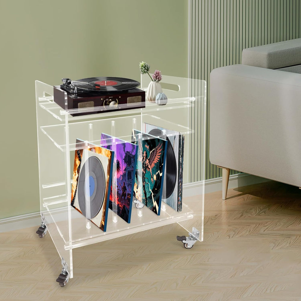 Acrylic Record Player Stand, 3 Tier Clear Record Player Stand with Wheels, Re...