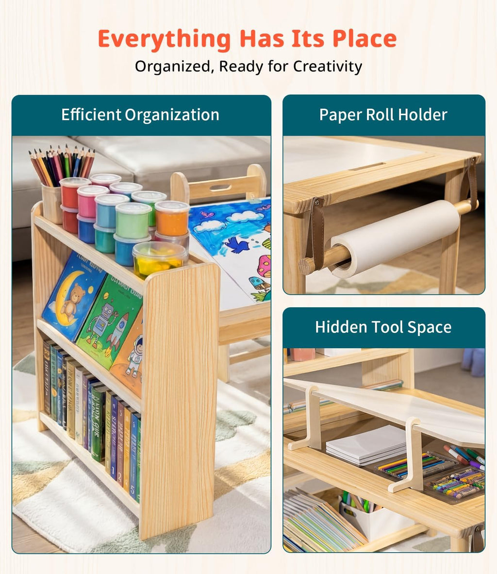 JOIN&JOY Kids Art Table and 2 Chair Set, Multifunctional Craft Table with Storage Shelves, Toddler Activity for Creativity, Drawing, Learning & Playtime | Toddler Activity Desk for Creativity, Drawing, Learning & Playtime