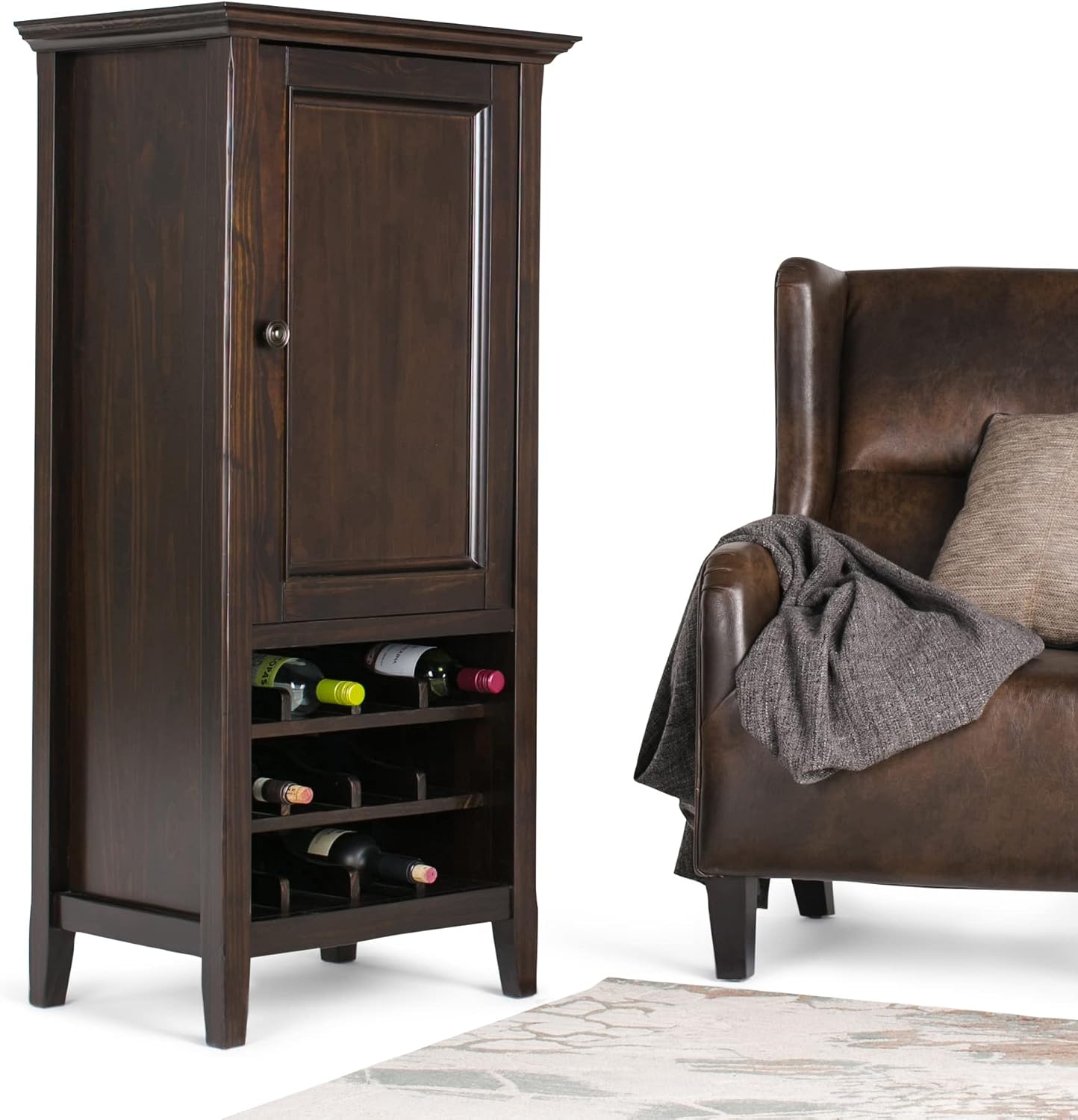 SIMPLIHOME Amherst 12-Bottle SOLID WOOD 24 Inch Wide Transitional High Storage Wine Rack Cabinet in Hickory Brown, For the Living Room, Dining Room and Kitchen