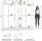 Homykic Bamboo Closet System Clothes Rack, Large Freestanding Garment Rack Clothing Rack for Hanging Clothes with 7 Storage Shelves and 5 Rods, Open Wardrobe Organizer with 4 Hooks, White