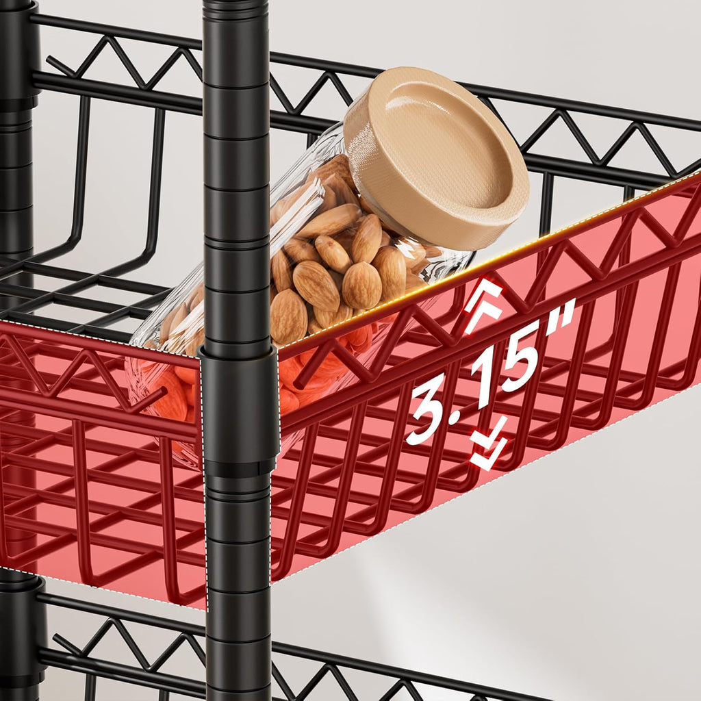 6 Shelves Storage Shelf Wire Closet Bathroom Organizers Metal Pantry Kitchen Garage Shelving Unit Laundry Room Organization Home Rack Net Basket Black with Wheels 14" Dx14 Wx64.8 H