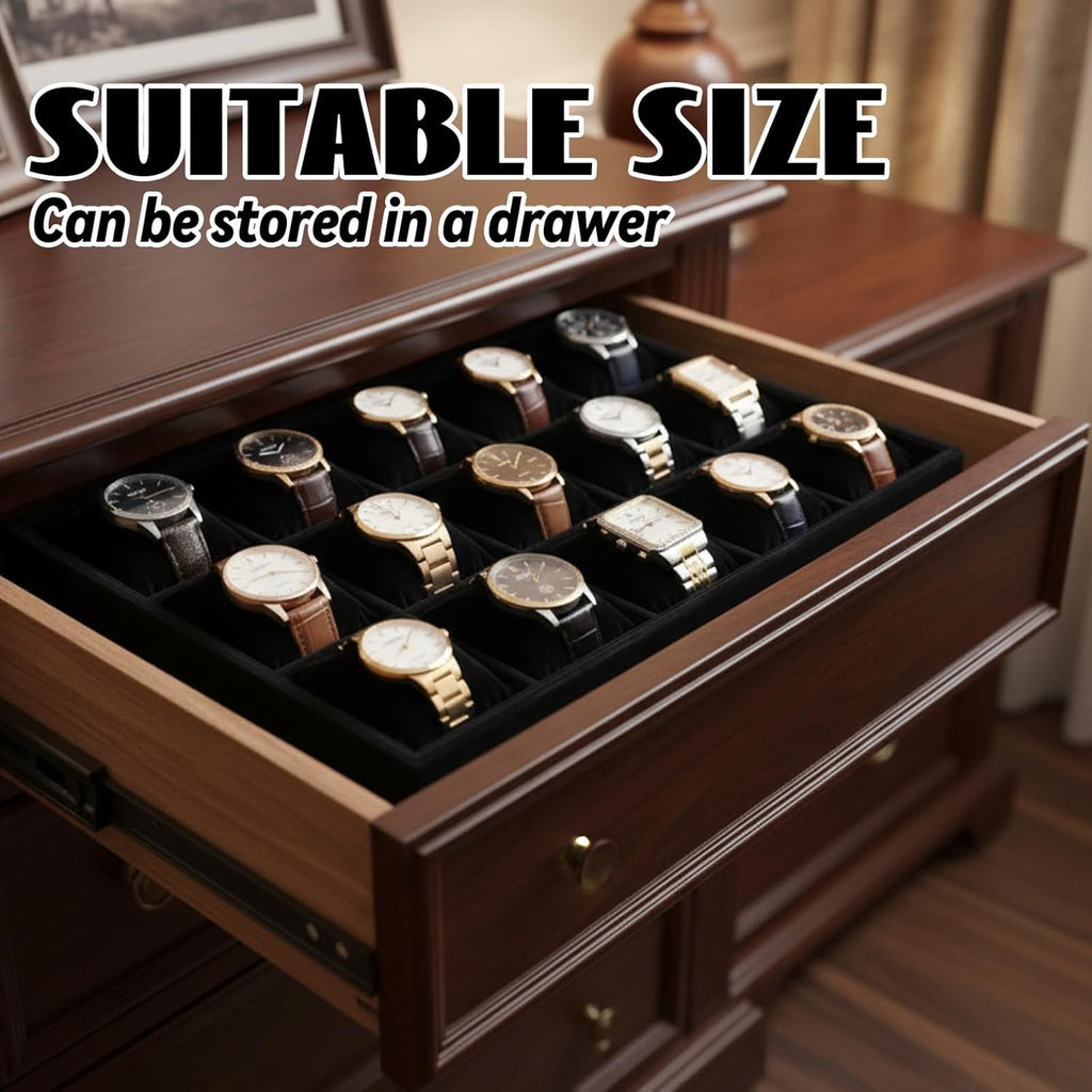 2 Pieces Velvet Watch Tray, 12 Grid Jewelry Organizer, Stackable Watch Bracelet Bangle Display Holder, Stackable Jewelry Tray, Adjustable Pillow, Stylish and Organized Multifunctional Tray(Black)