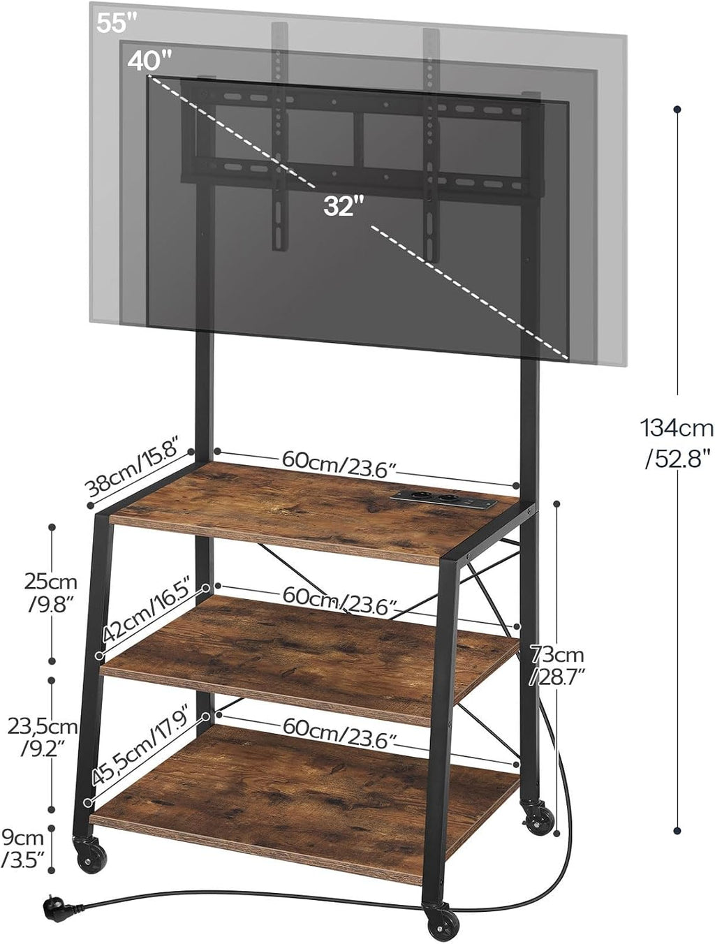 HOOBRO Rolling TV Stand with Mount and Power Outlet Up to 55 inch TV, Corner Entertainment Center, Small TV Stand with 3-Tier Storage Shelves for Living Room, Bedroom, Rustic Brown and Black BF66UDS01