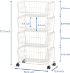 PUSDON Stackable Metal Storage Carts, Dual Use Shelf for Kitchen Fruit Vegetable Baskets with Wheels, Storage Rack for Living Room, Home & Office, Plus White 4 Tiers