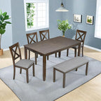 Dining Table Set, 6-Piece Modern Rectangular Dining Table & Chair Set with 4 Upholstered X-Shaped Backrest Chairs and a Bench, Walnut